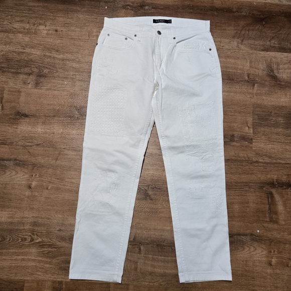 Ralph Lauren Black Label Denim - Ralph Lauren Black Label Cream Straight Leg Jeans Distressed Patchwork Size 6